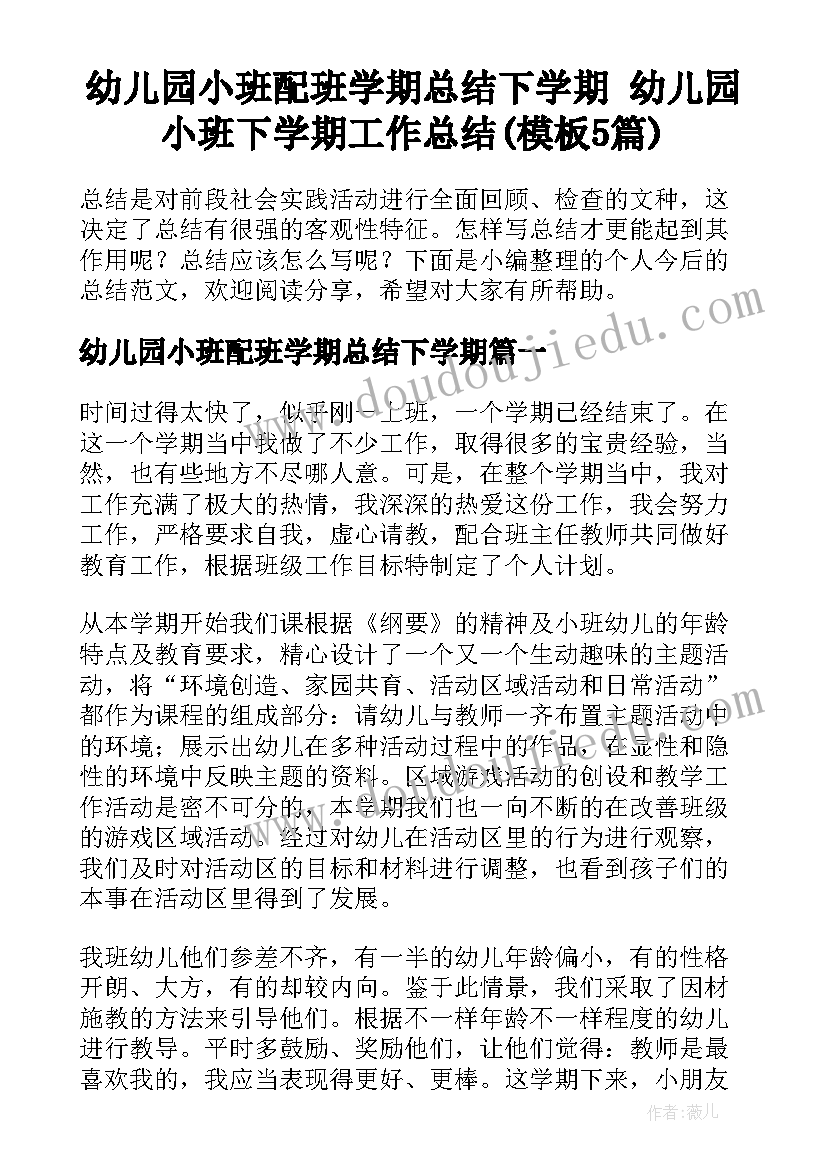 幼儿园小班配班学期总结下学期 幼儿园小班下学期工作总结(模板5篇)