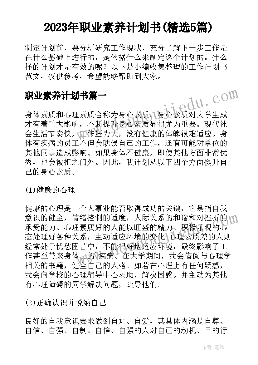 2023年职业素养计划书(精选5篇)