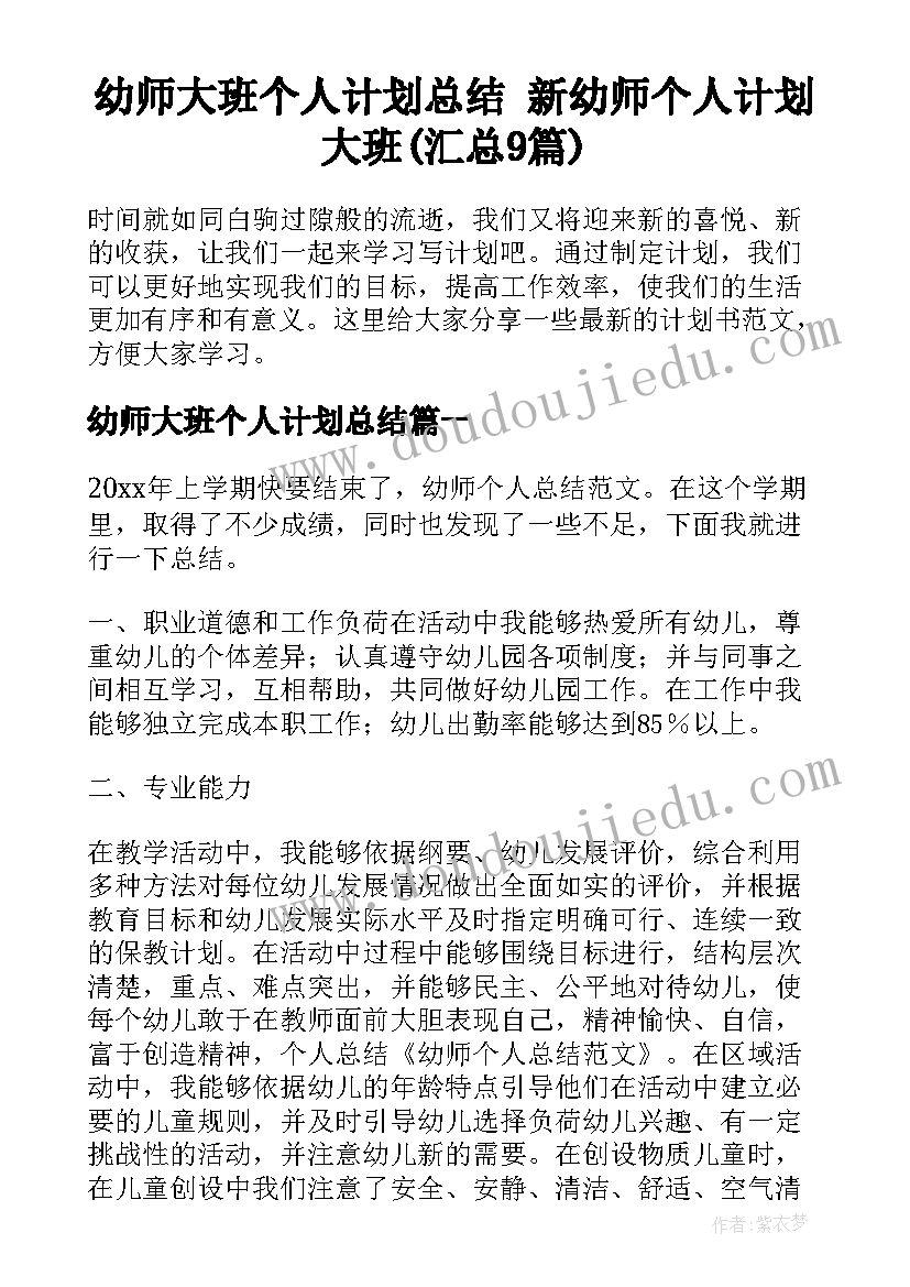 幼师大班个人计划总结 新幼师个人计划大班(汇总9篇)