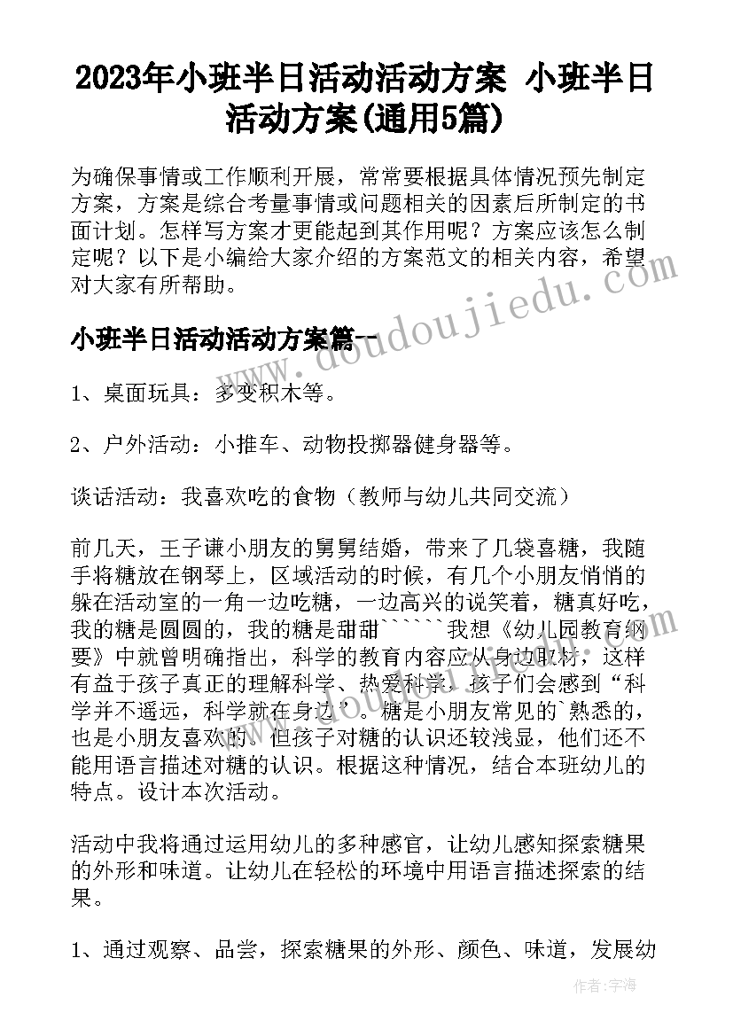 2023年小班半日活动活动方案 小班半日活动方案(通用5篇)