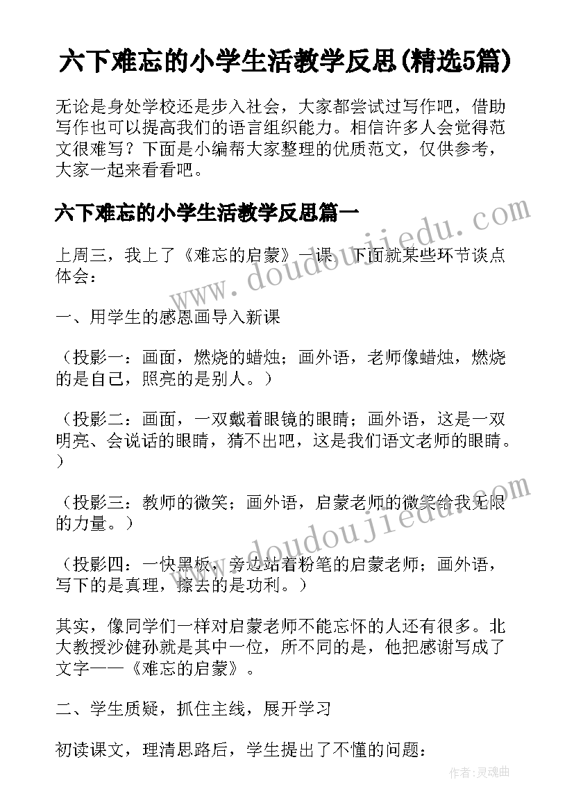 六下难忘的小学生活教学反思(精选5篇)