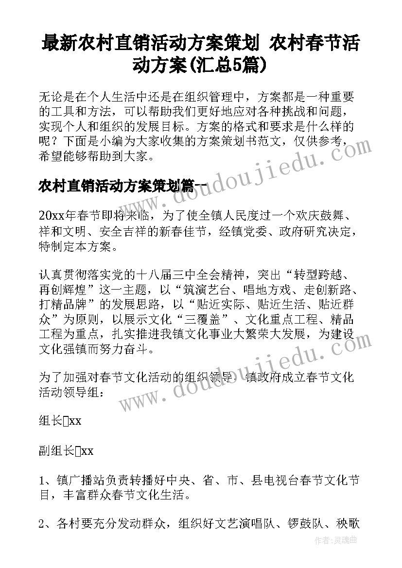 最新农村直销活动方案策划 农村春节活动方案(汇总5篇)