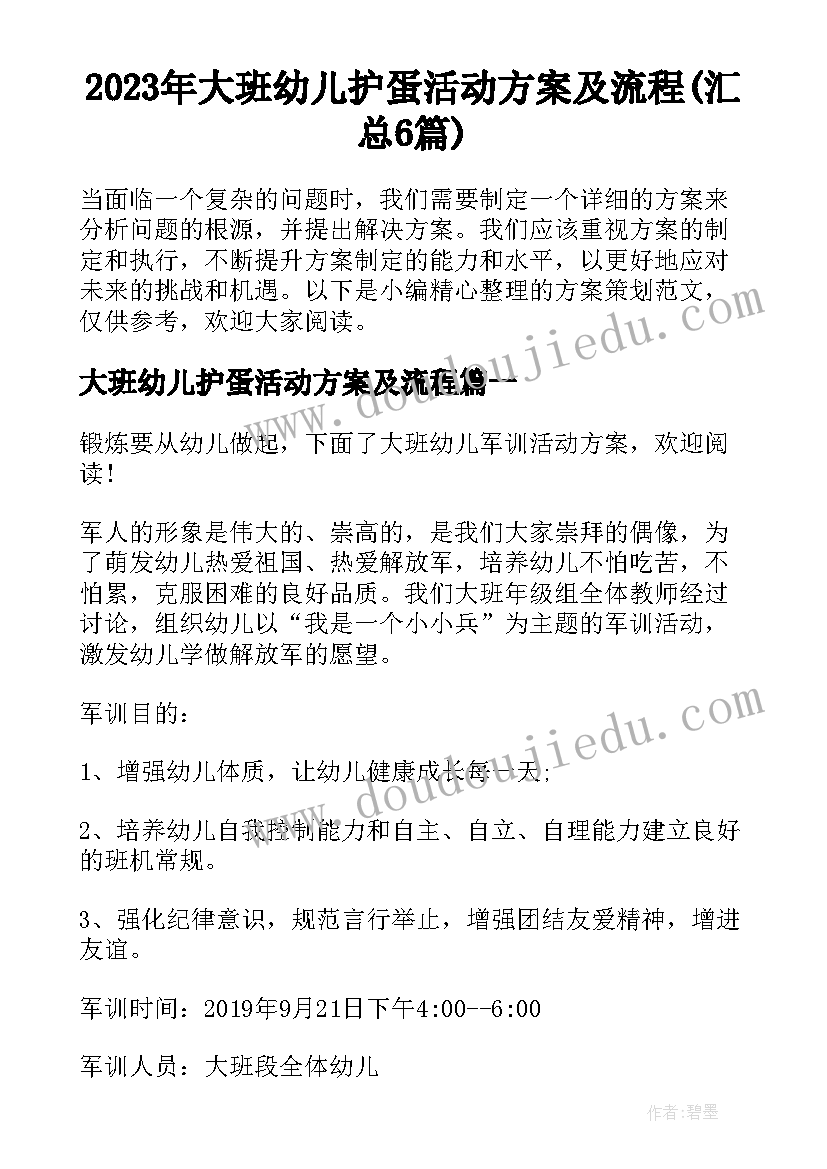 2023年大班幼儿护蛋活动方案及流程(汇总6篇)