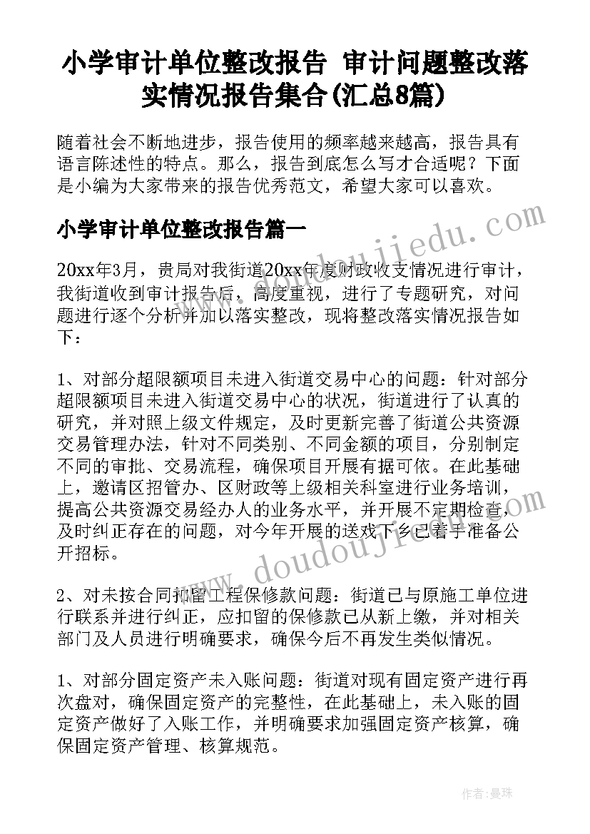 小学审计单位整改报告 审计问题整改落实情况报告集合(汇总8篇)