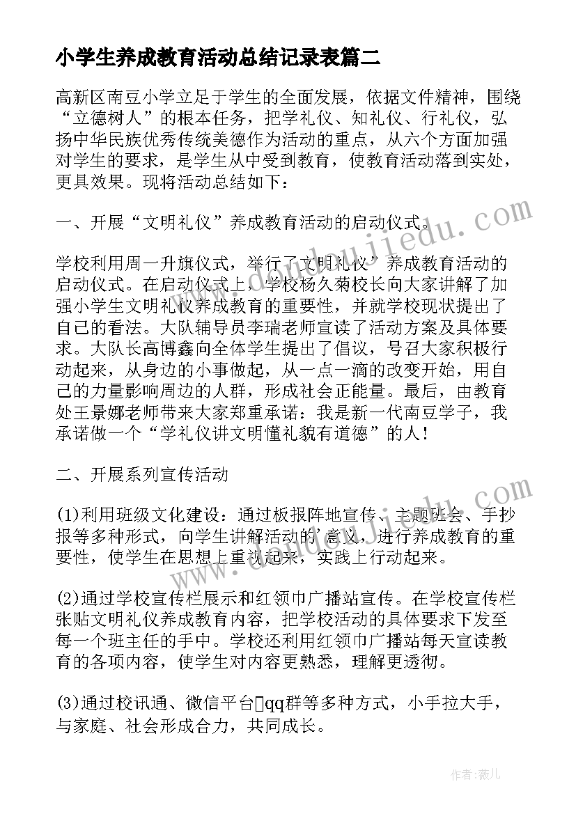 小学生养成教育活动总结记录表 养成教育活动总结(实用6篇)