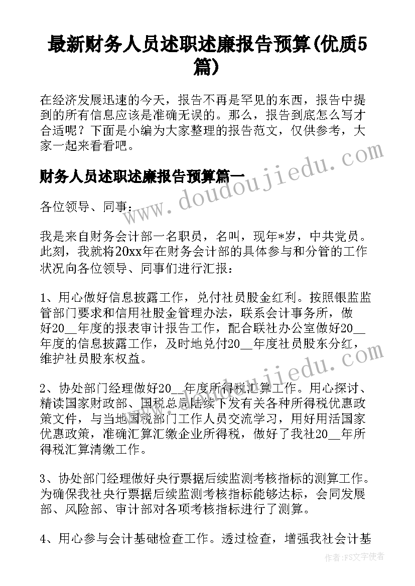 最新财务人员述职述廉报告预算(优质5篇)