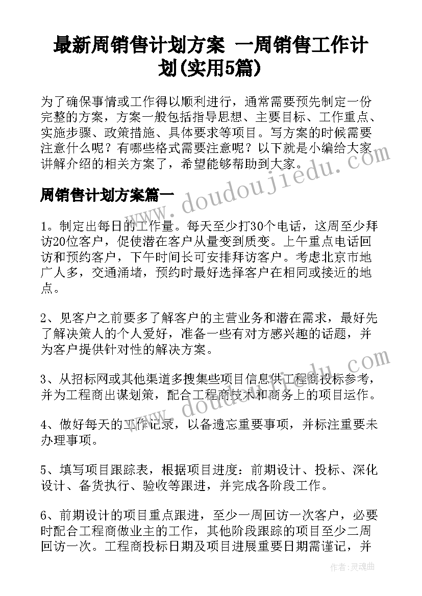 最新周销售计划方案 一周销售工作计划(实用5篇)