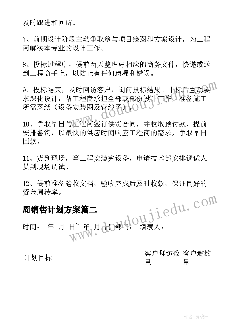 最新周销售计划方案 一周销售工作计划(实用5篇)