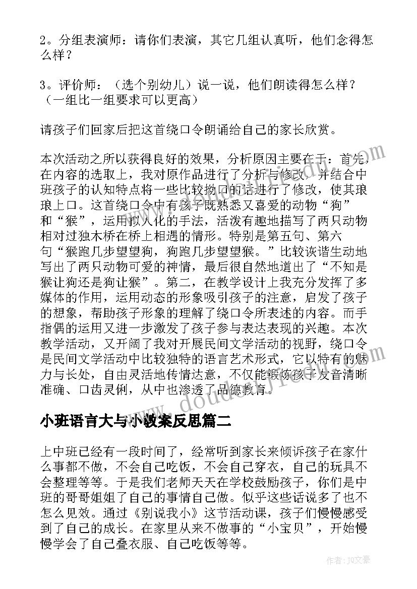 2023年小班语言大与小教案反思(大全6篇)