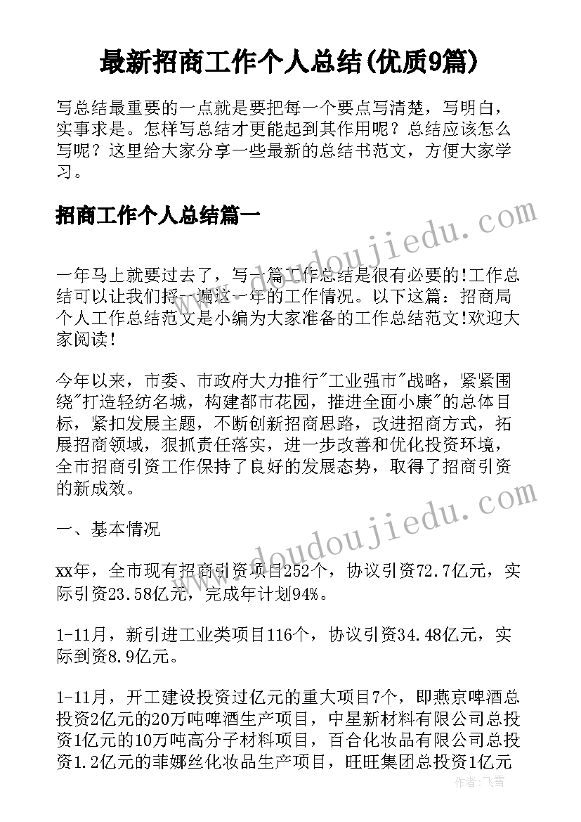 最新招商工作个人总结(优质9篇)