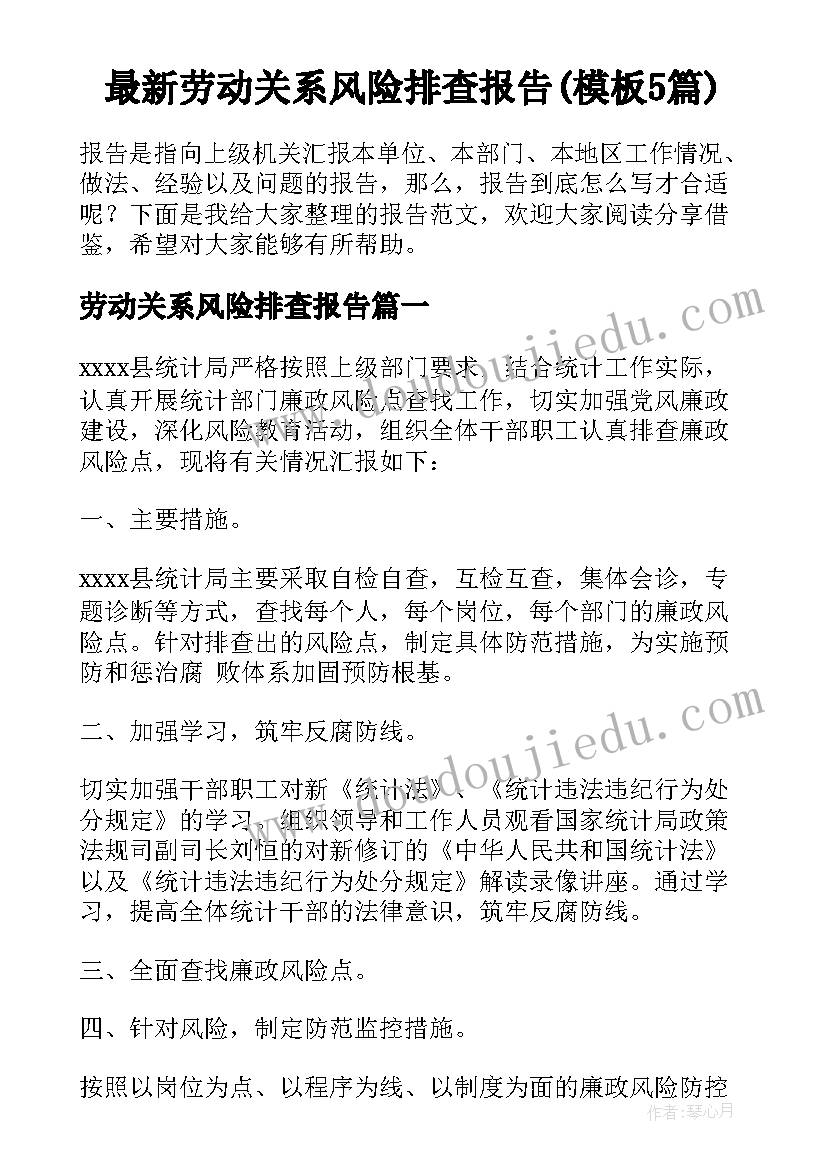 最新劳动关系风险排查报告(模板5篇)