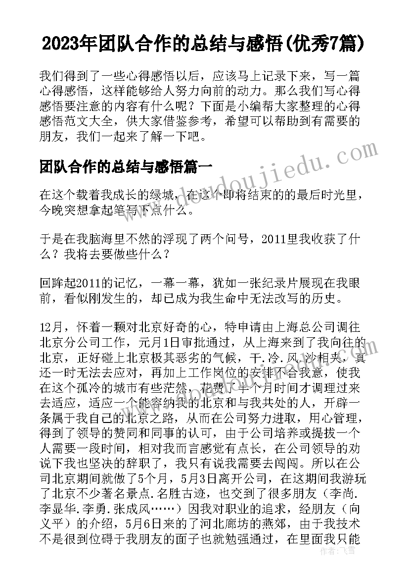 2023年团队合作的总结与感悟(优秀7篇)