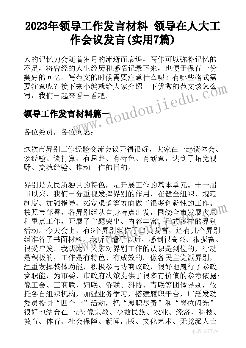 2023年领导工作发言材料 领导在人大工作会议发言(实用7篇)