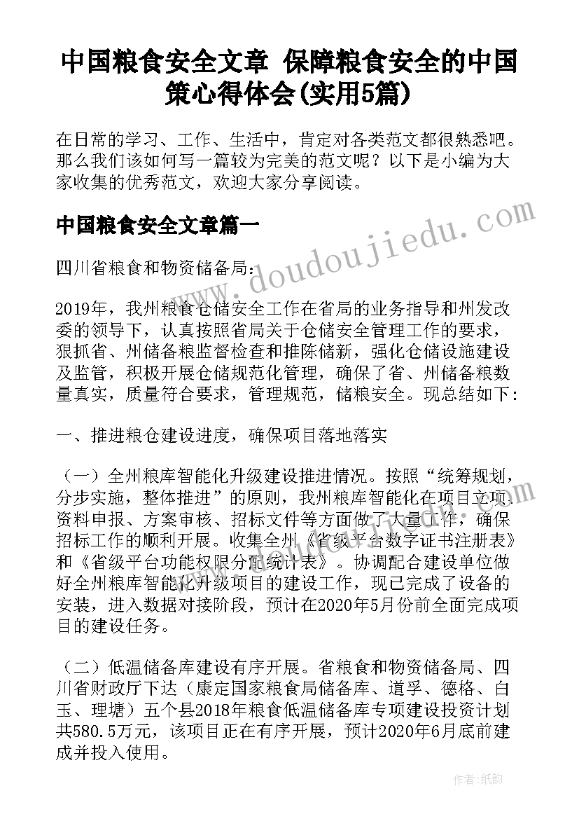 中国粮食安全文章 保障粮食安全的中国策心得体会(实用5篇)