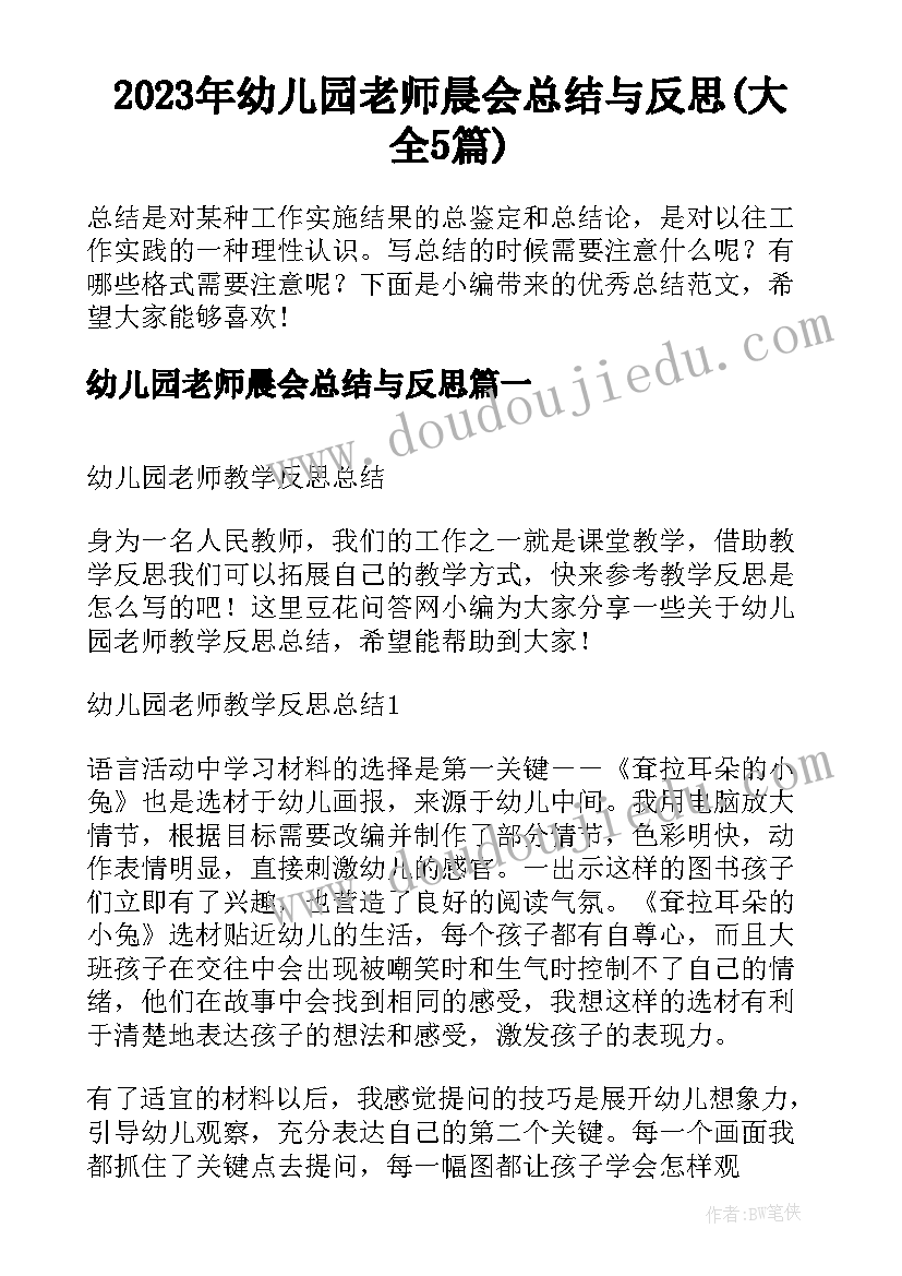 2023年幼儿园老师晨会总结与反思(大全5篇)