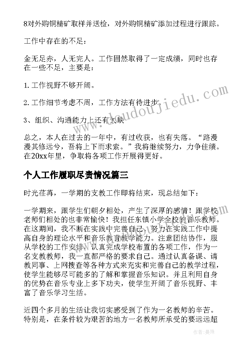 最新个人工作履职尽责情况 个人工作总结(通用6篇)