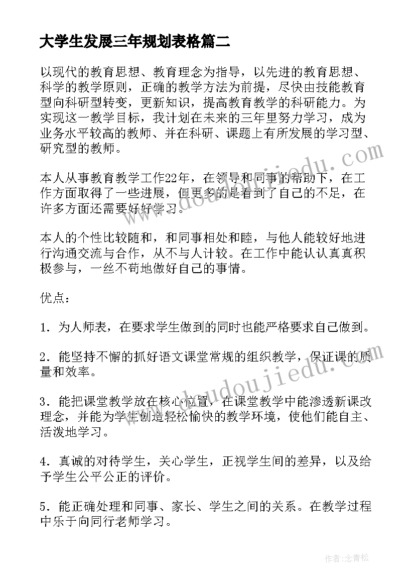 大学生发展三年规划表格(优质5篇)