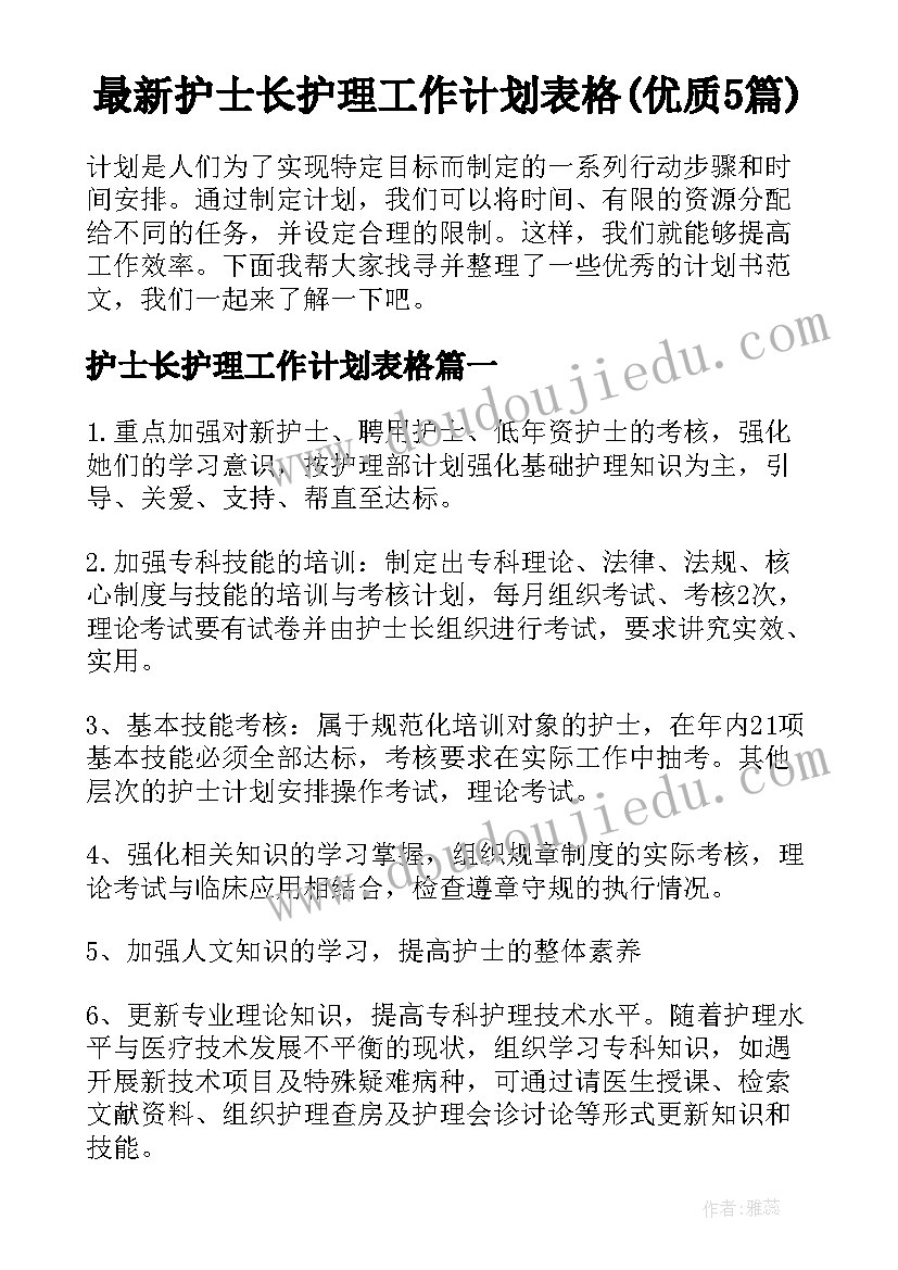 最新护士长护理工作计划表格(优质5篇)