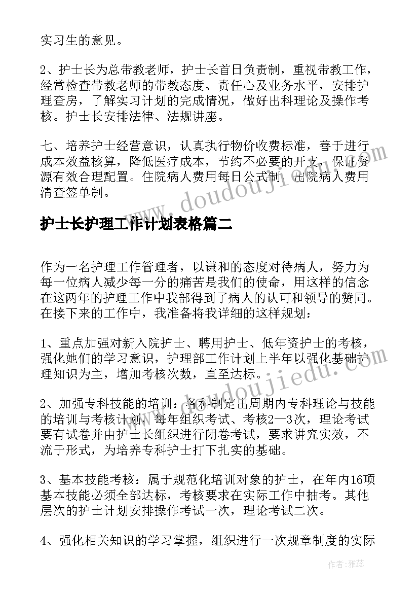 最新护士长护理工作计划表格(优质5篇)