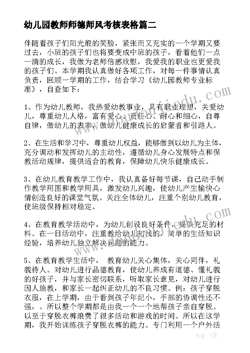 幼儿园教师师德师风考核表格 教师师德师风考核表自我评价(精选5篇)