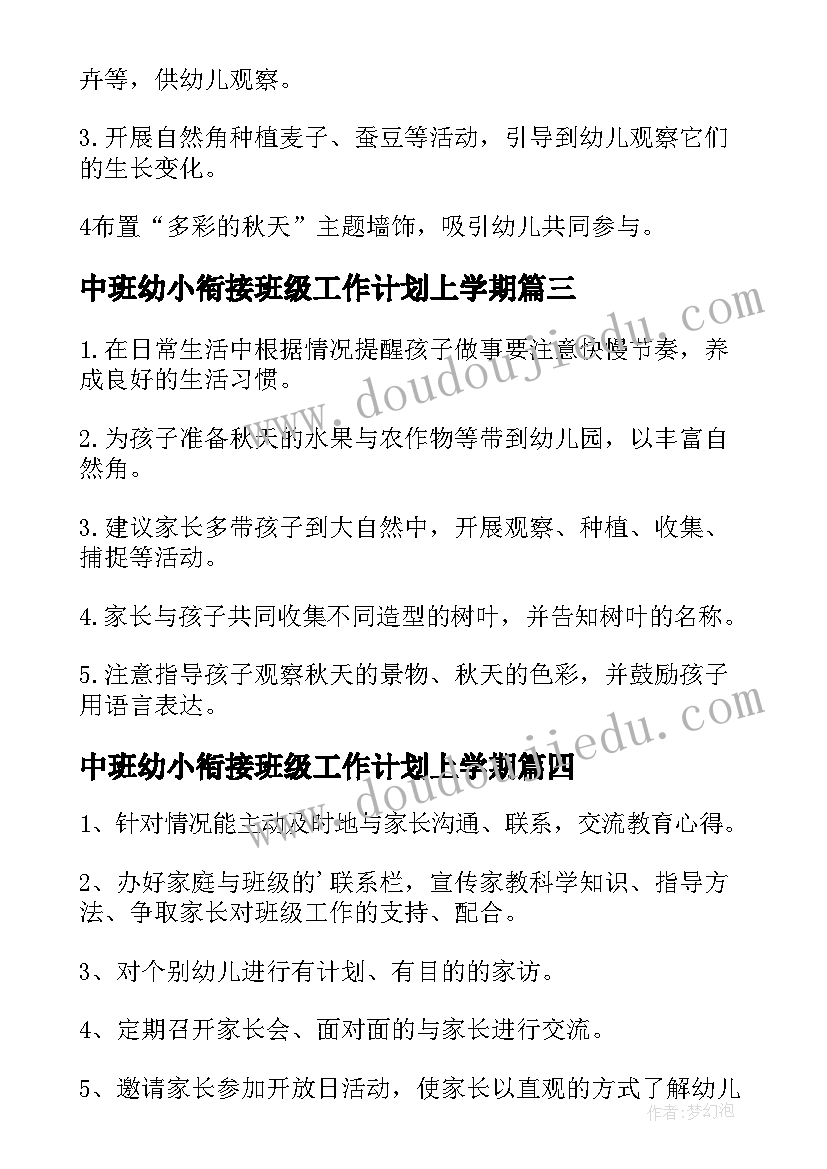 2023年中班幼小衔接班级工作计划上学期 幼儿园中班幼小衔接工作计划(大全5篇)