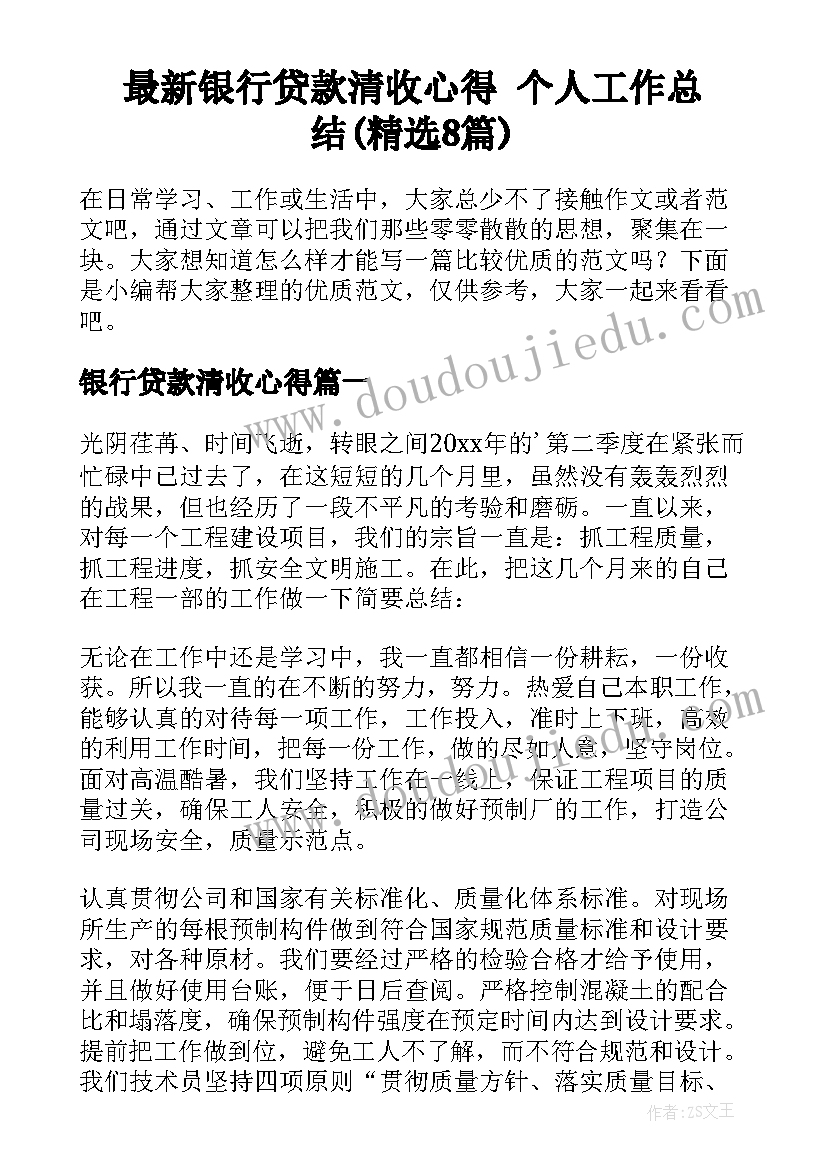 最新银行贷款清收心得 个人工作总结(精选8篇)