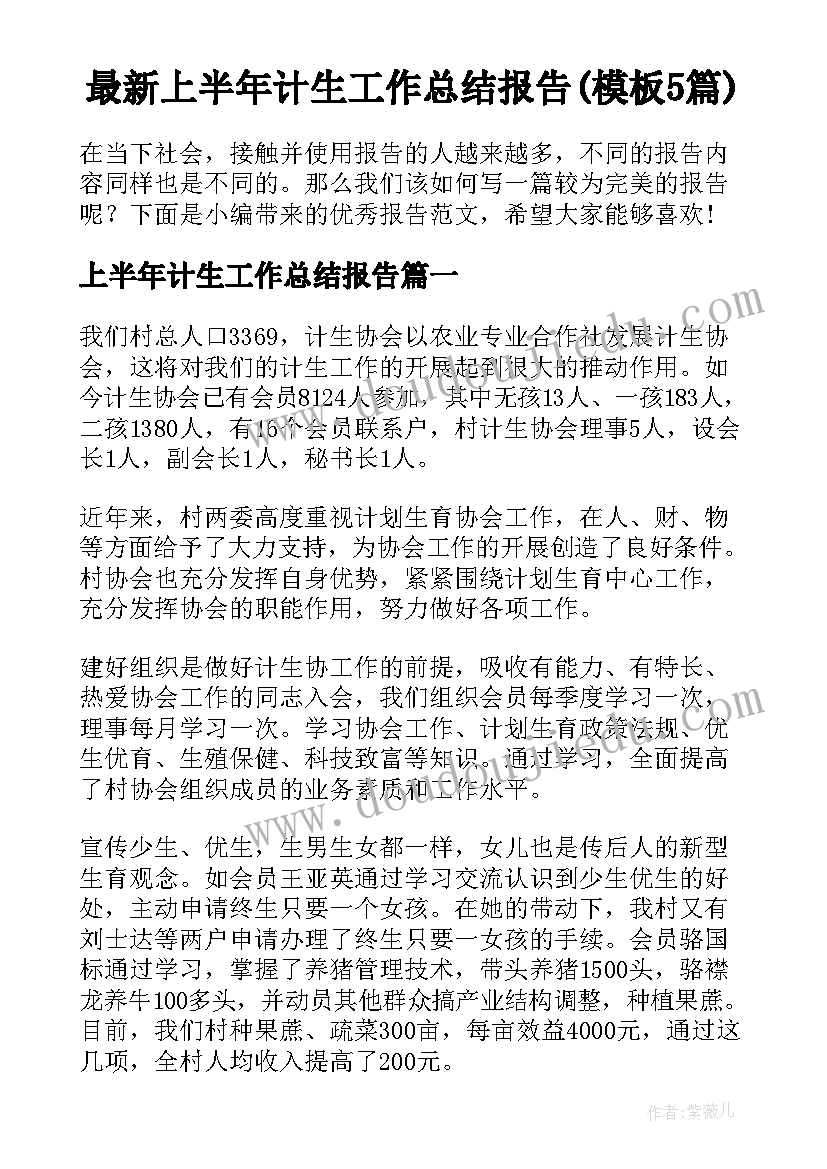 最新上半年计生工作总结报告(模板5篇)