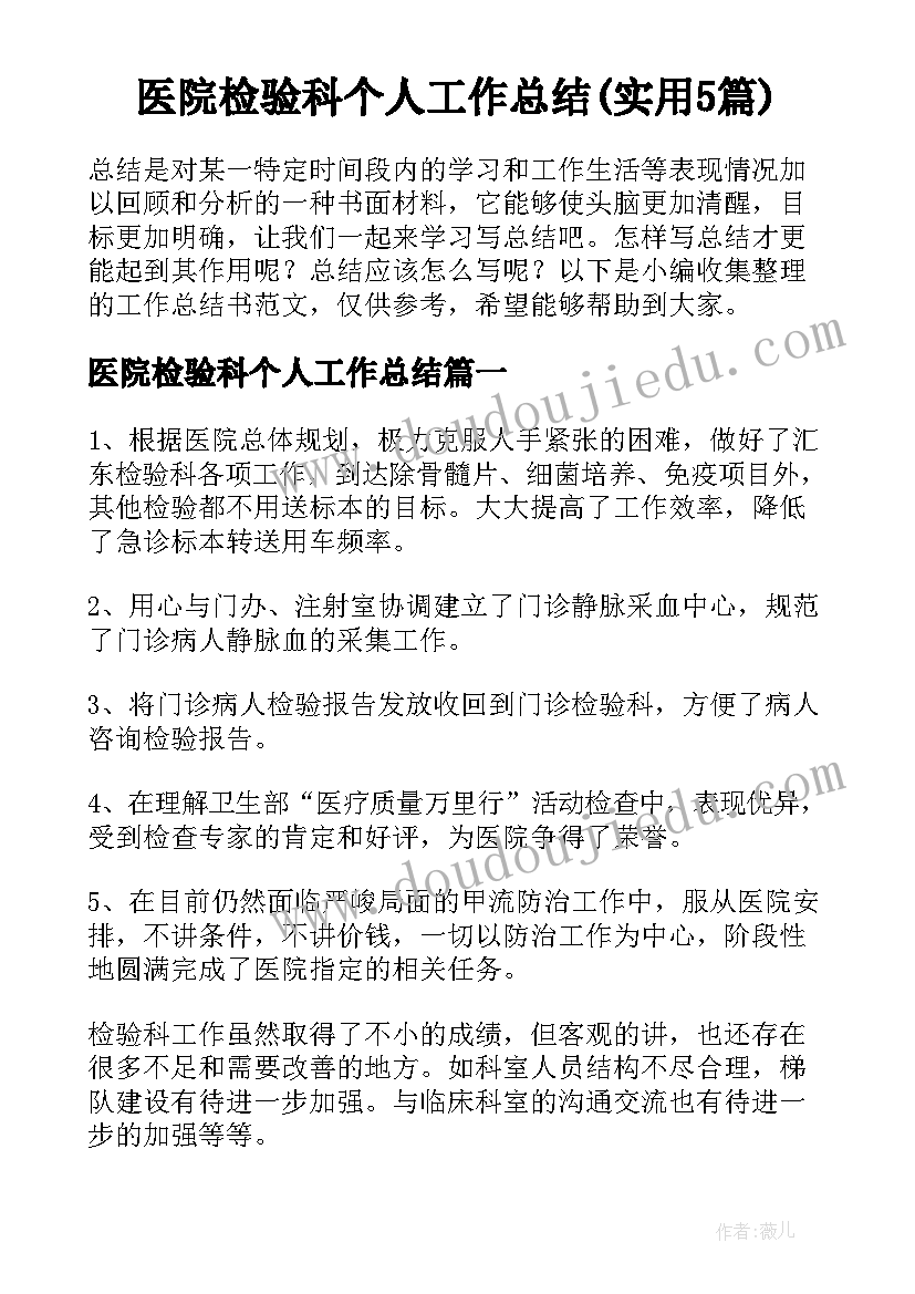 医院检验科个人工作总结(实用5篇)