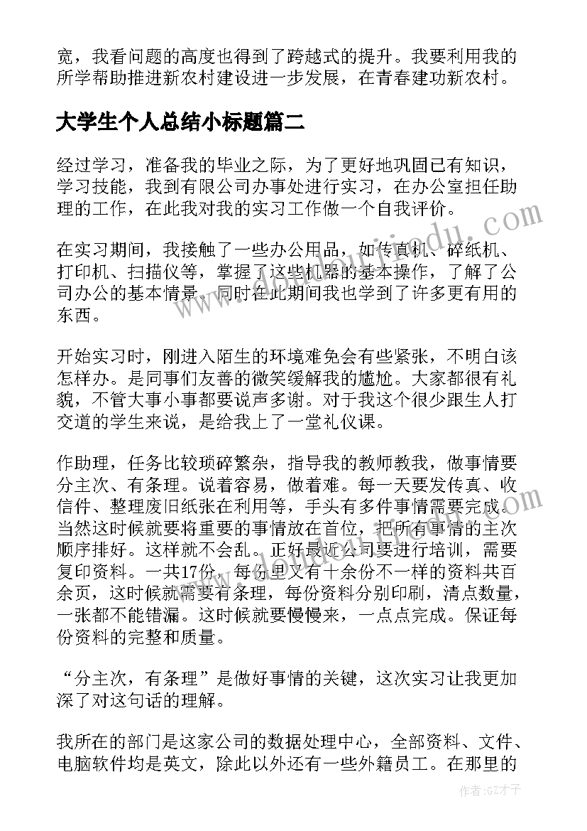 2023年大学生个人总结小标题 大学生村官年度考核个人总结格式(实用5篇)