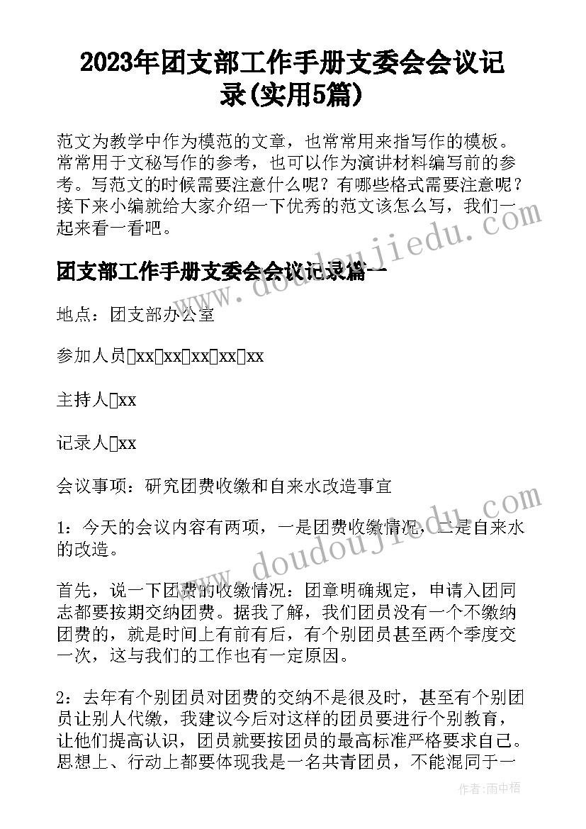 2023年团支部工作手册支委会会议记录(实用5篇)