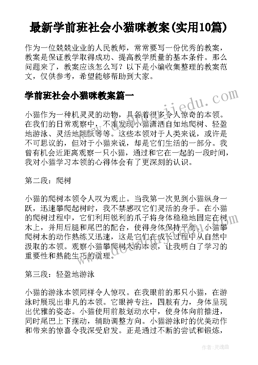 最新学前班社会小猫咪教案(实用10篇)