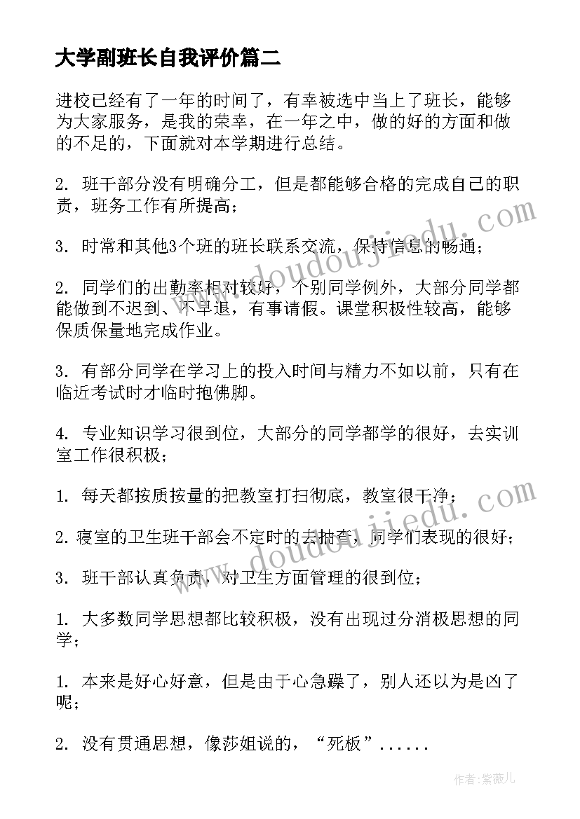 大学副班长自我评价(汇总5篇)