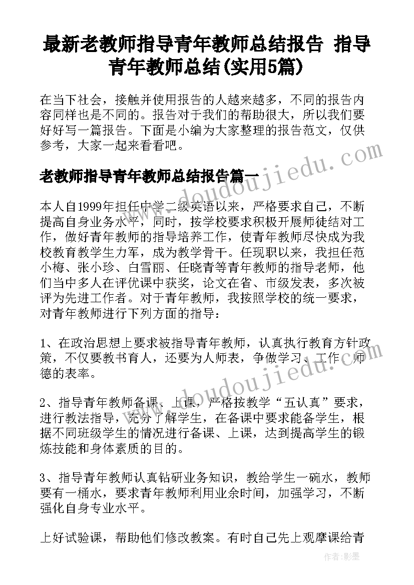 最新老教师指导青年教师总结报告 指导青年教师总结(实用5篇)