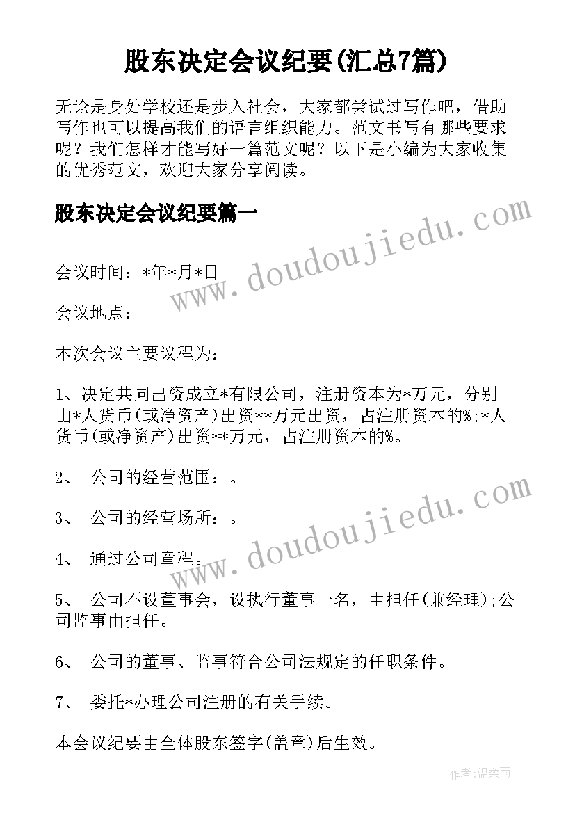 股东决定会议纪要(汇总7篇)