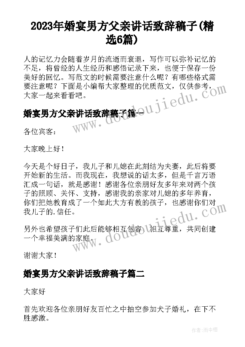 2023年婚宴男方父亲讲话致辞稿子(精选6篇)