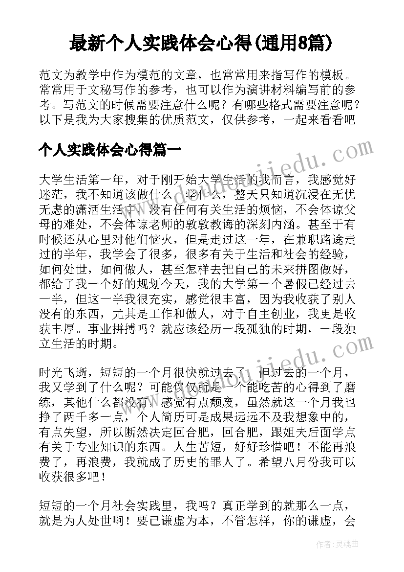 最新个人实践体会心得(通用8篇)