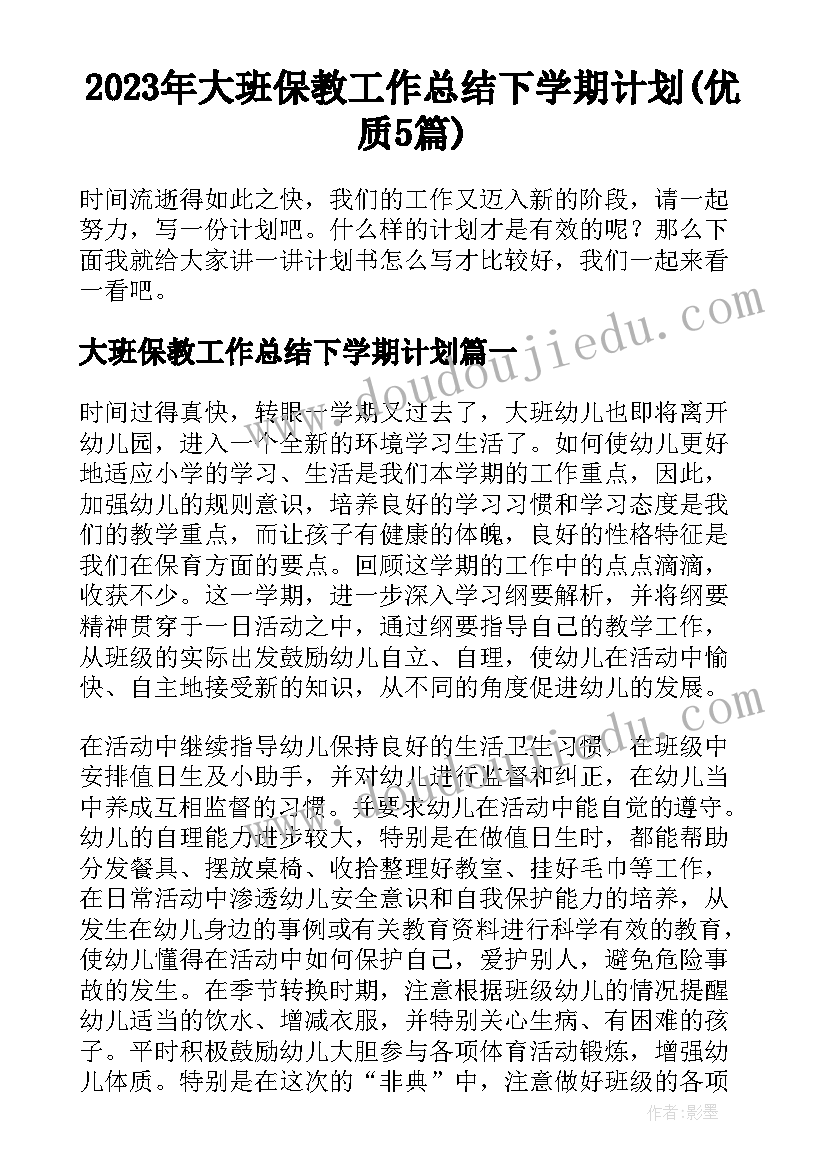 2023年大班保教工作总结下学期计划(优质5篇)