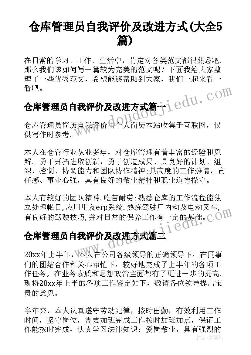 仓库管理员自我评价及改进方式(大全5篇)