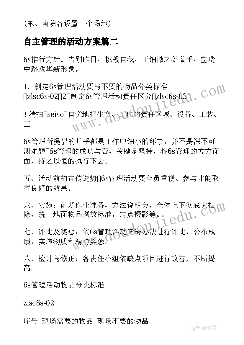 2023年自主管理的活动方案(大全8篇)