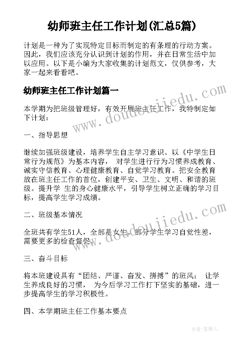 幼师班主任工作计划(汇总5篇)