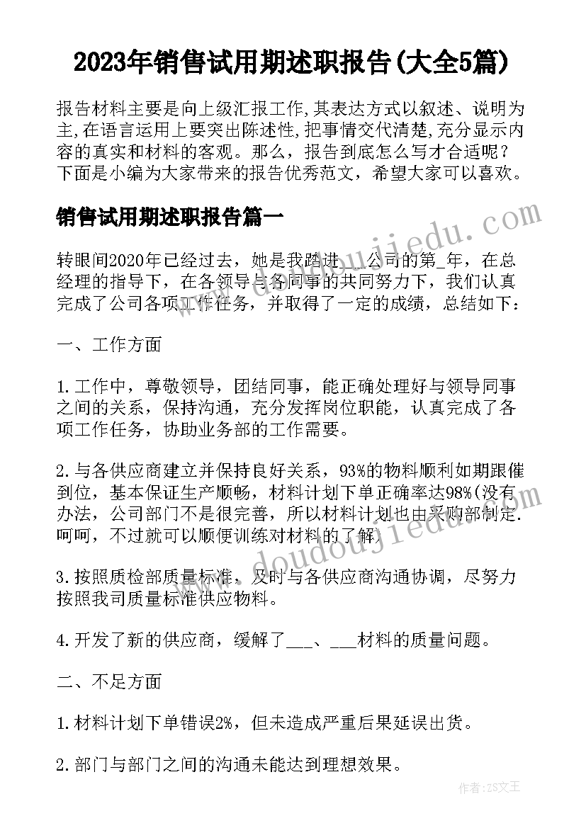 2023年销售试用期述职报告(大全5篇)