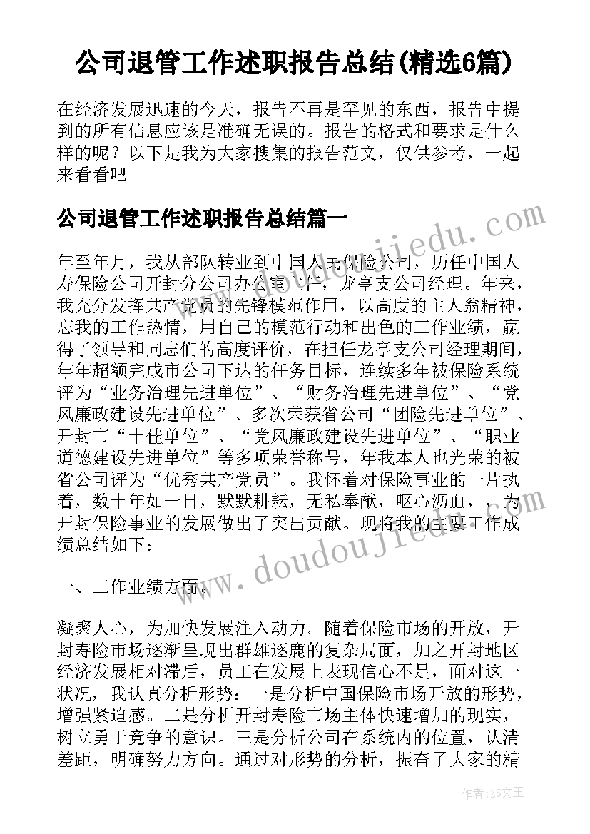 公司退管工作述职报告总结(精选6篇)