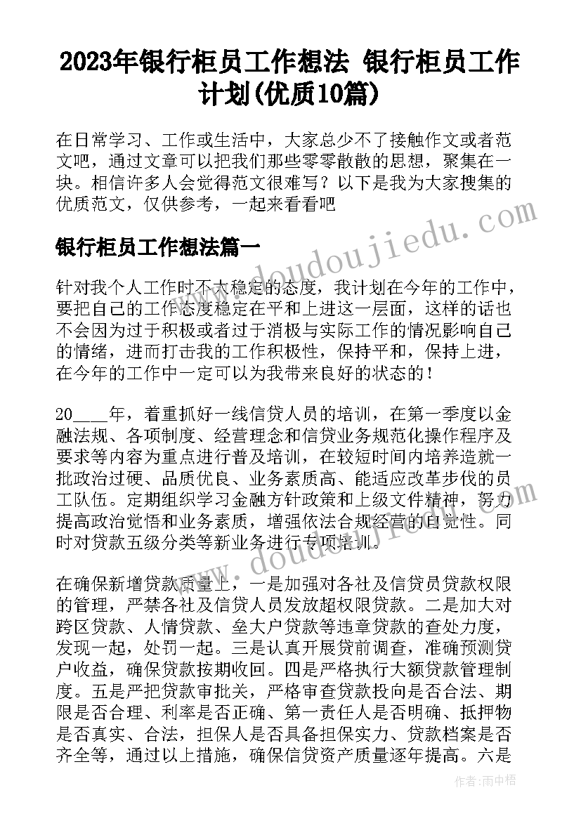 2023年银行柜员工作想法 银行柜员工作计划(优质10篇)