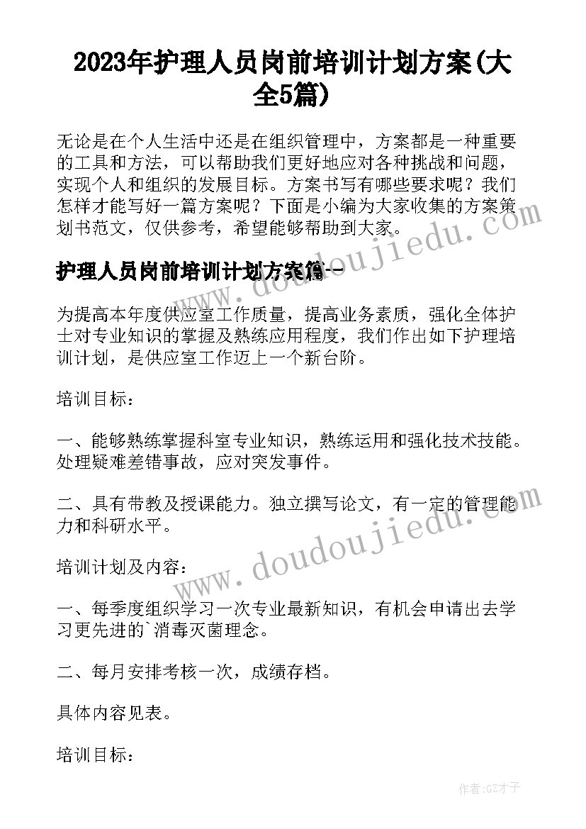 2023年护理人员岗前培训计划方案(大全5篇)