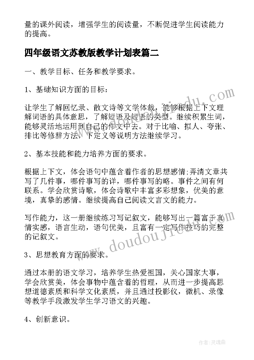 最新四年级语文苏教版教学计划表 苏教版四年级教学计划(大全5篇)