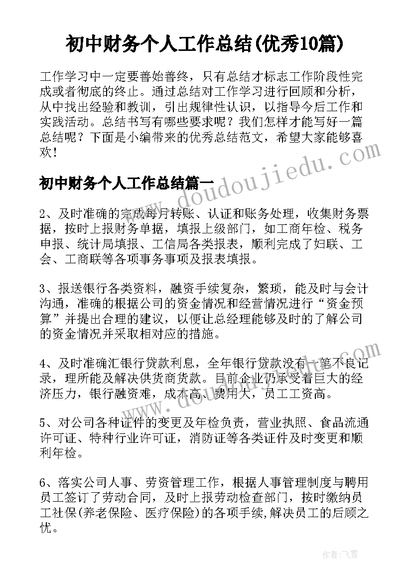 初中财务个人工作总结(优秀10篇)