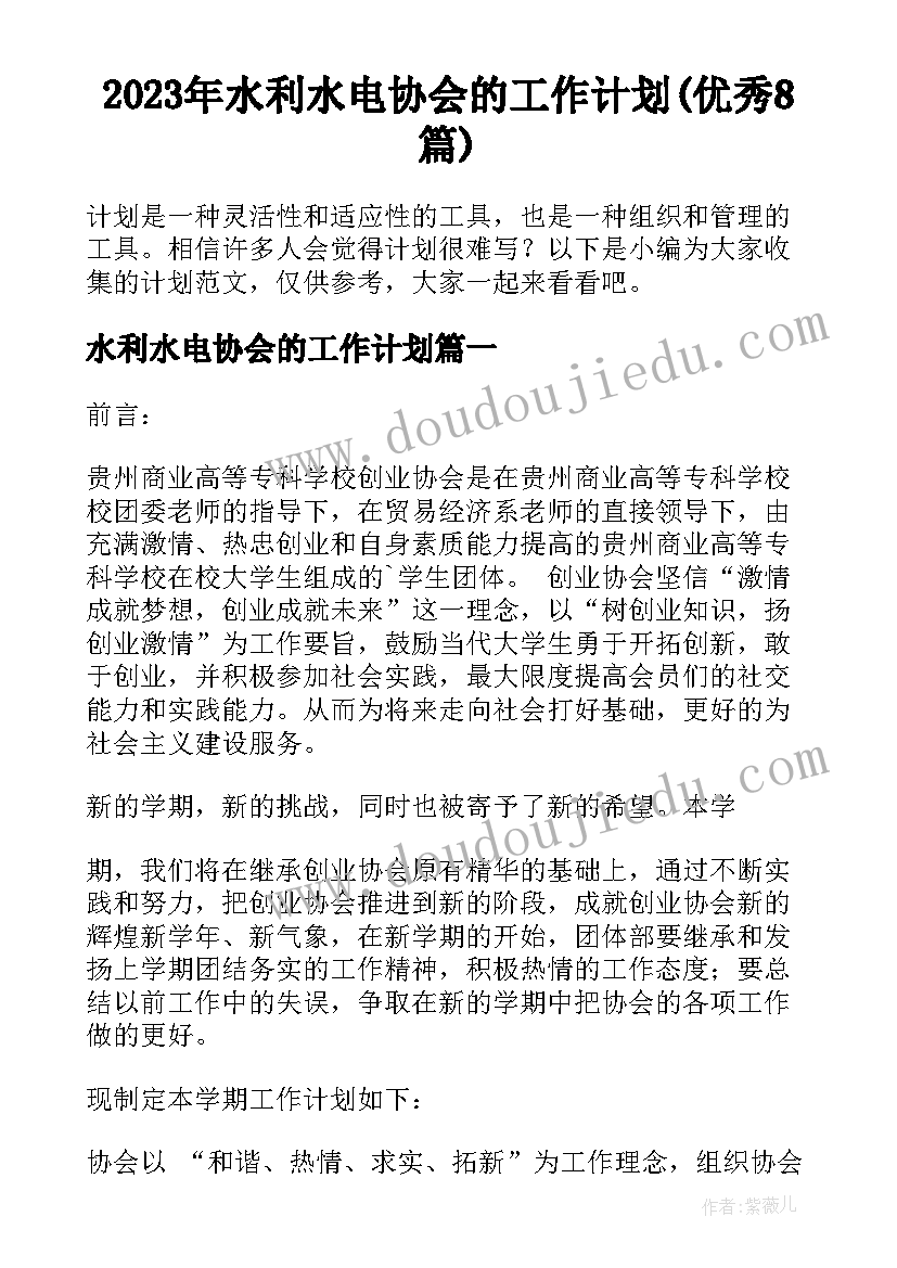 2023年水利水电协会的工作计划(优秀8篇)