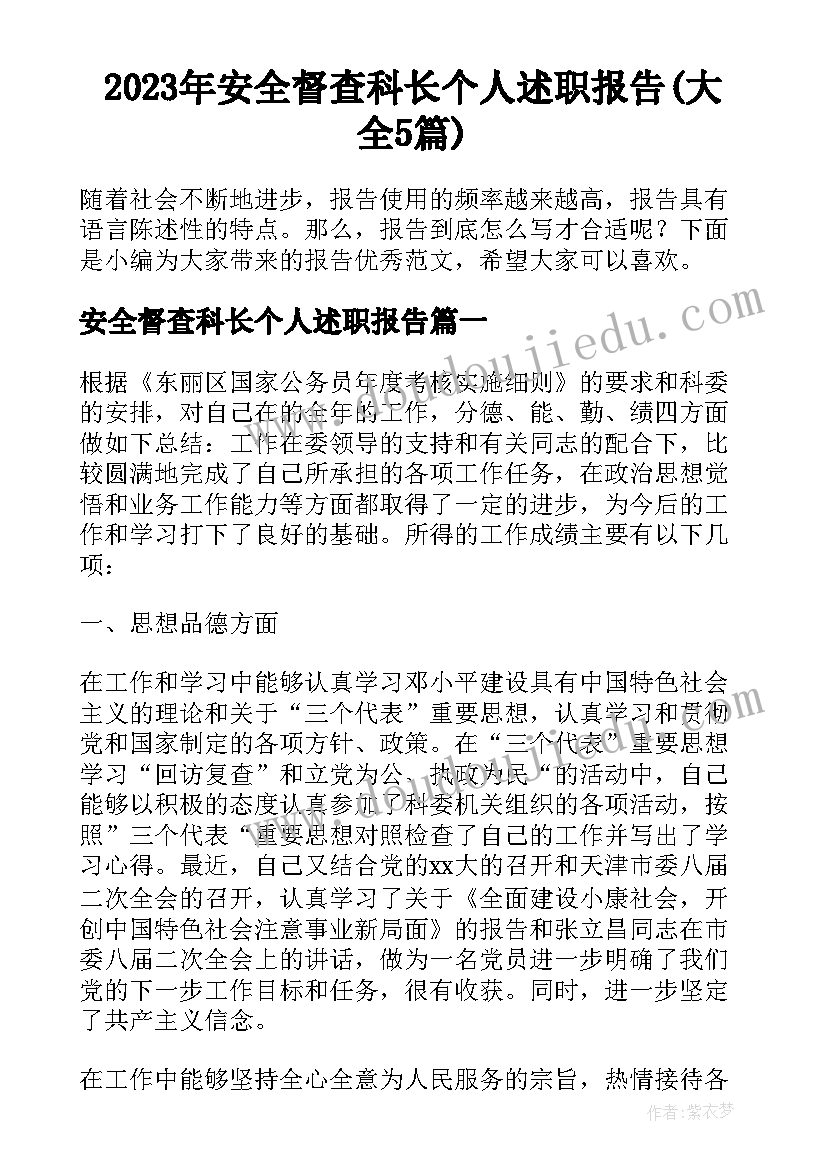 2023年安全督查科长个人述职报告(大全5篇)