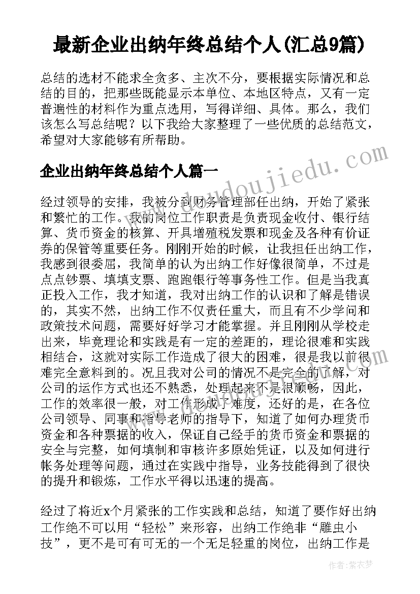 最新企业出纳年终总结个人(汇总9篇)