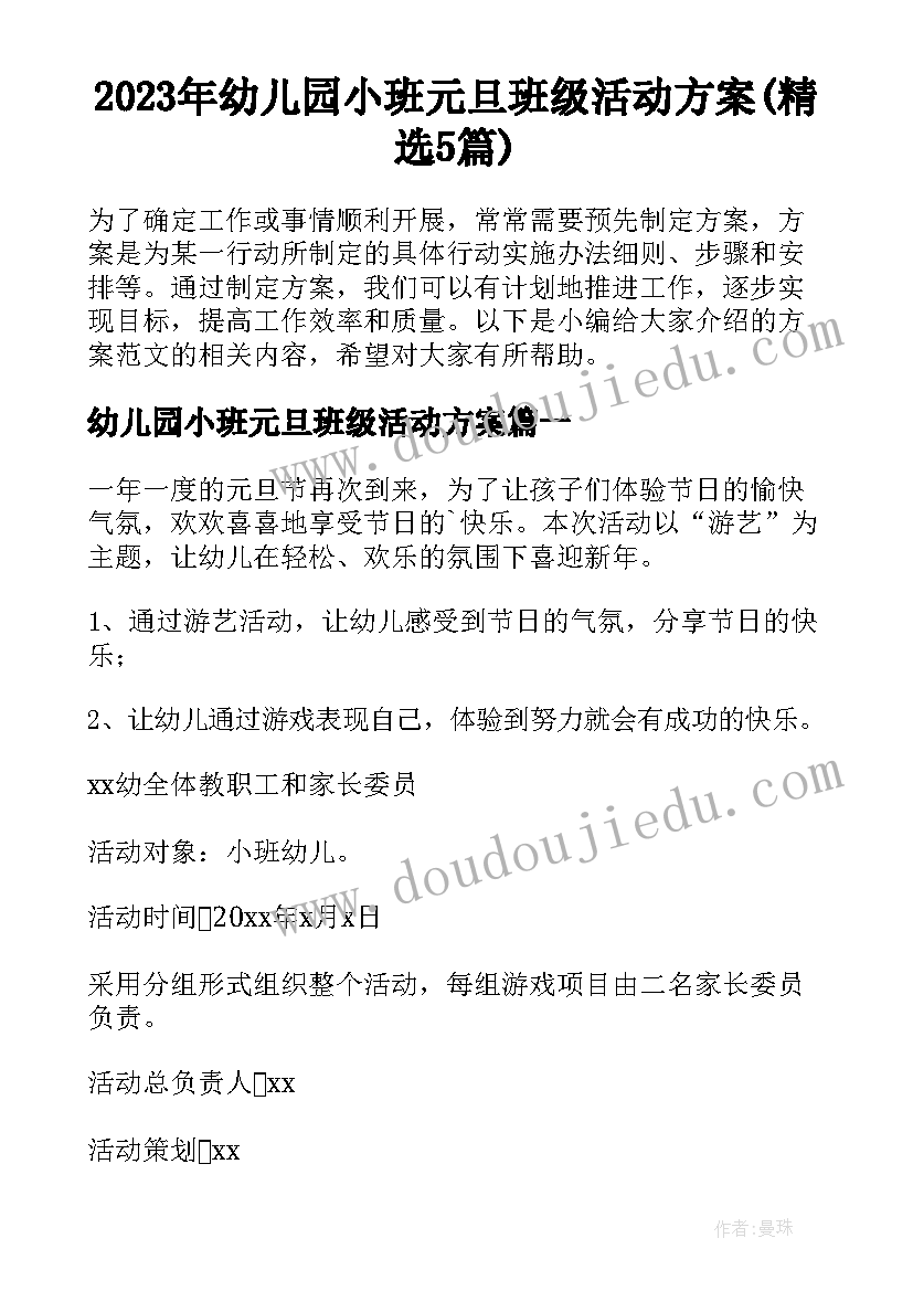 2023年幼儿园小班元旦班级活动方案(精选5篇)